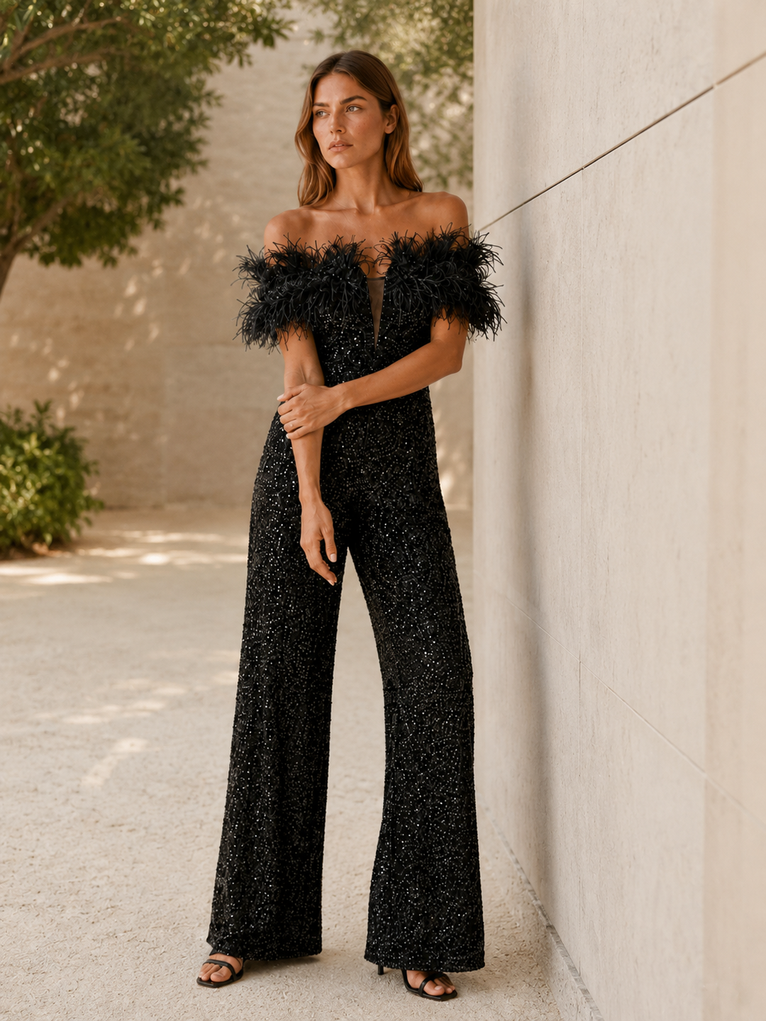 Zelie | Sequin Jumpsuit with Feather Trim