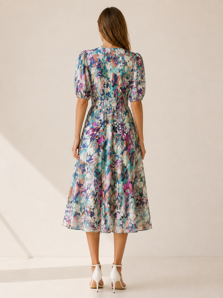 Blue Floral Midi Dress with V-Neck – side view