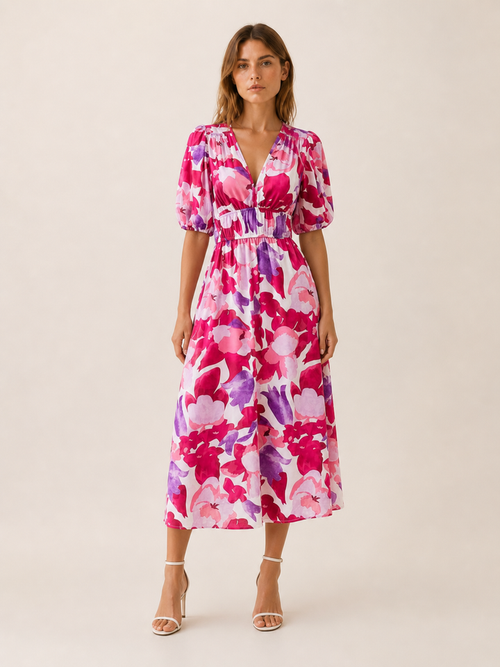 Black Floral Midi Dress with V-Neck – lifestyle