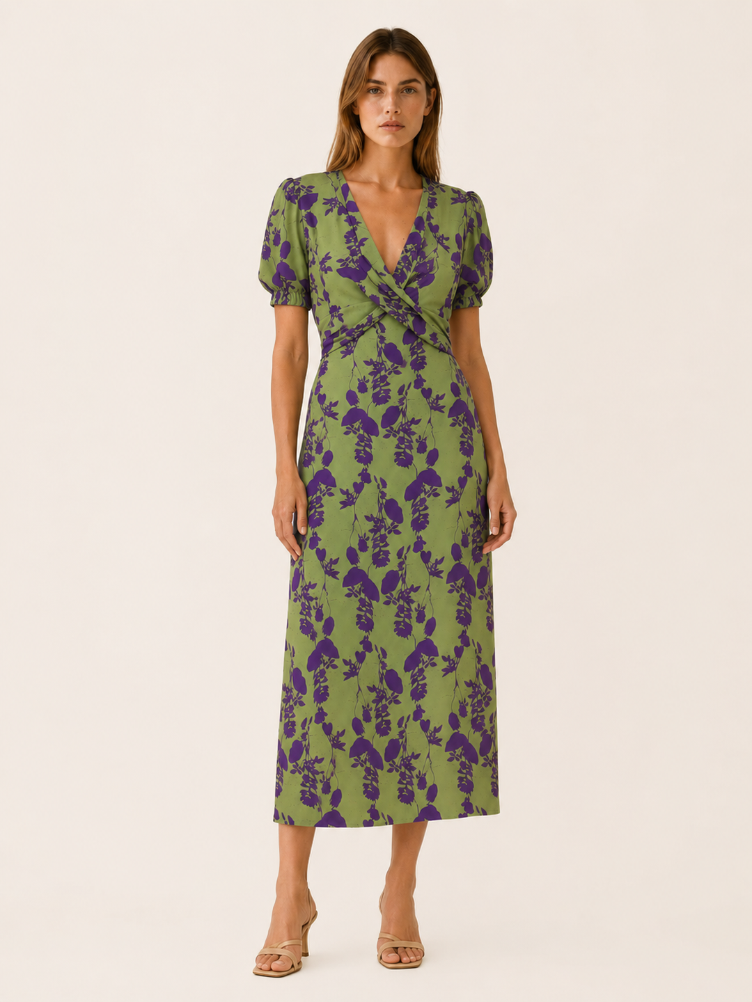 Green Floral Midi Dress with Twist Front – front view