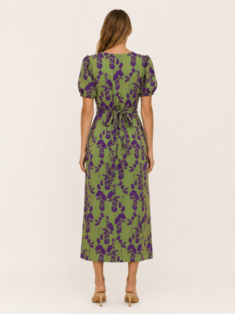 Green Floral Midi Dress with Twist Front – side view