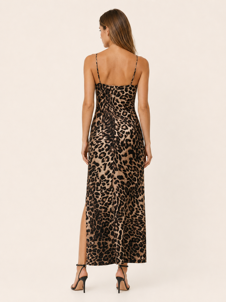 Leopard Print Maxi Dress with Side Slit – side view