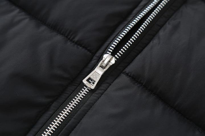 Close-up of the plaid puffer jacket's zipper detail