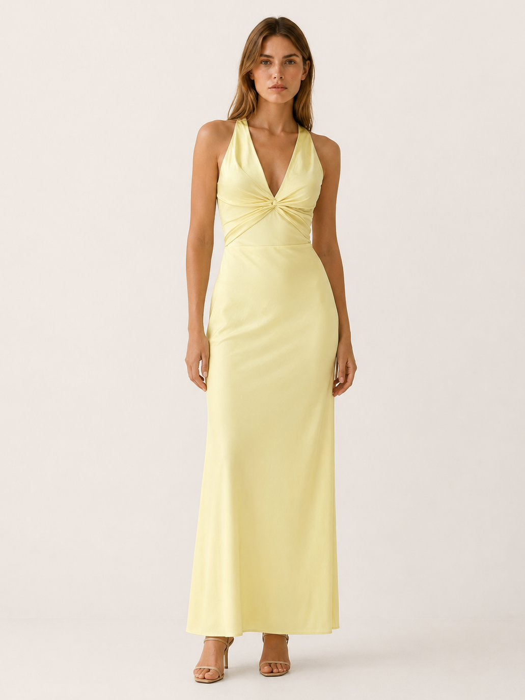 Yellow Halter Maxi Dress with V Neck and Tie Back – front view