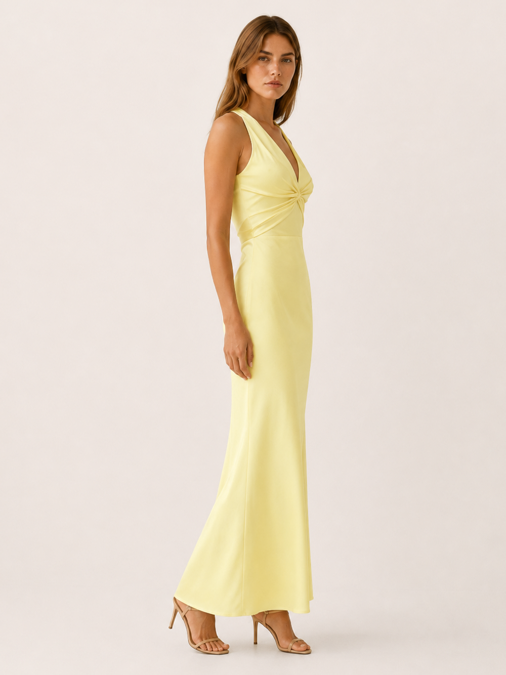 Yellow Halter Maxi Dress with V Neck and Tie Back – side view
