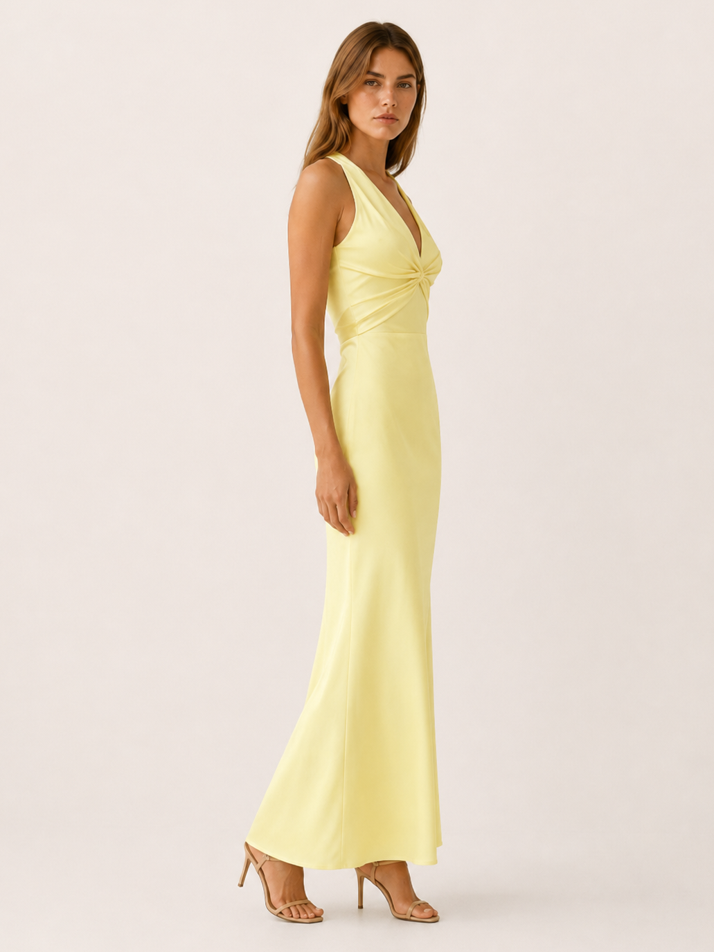 Yellow Halter Maxi Dress with V Neck and Tie Back – side view