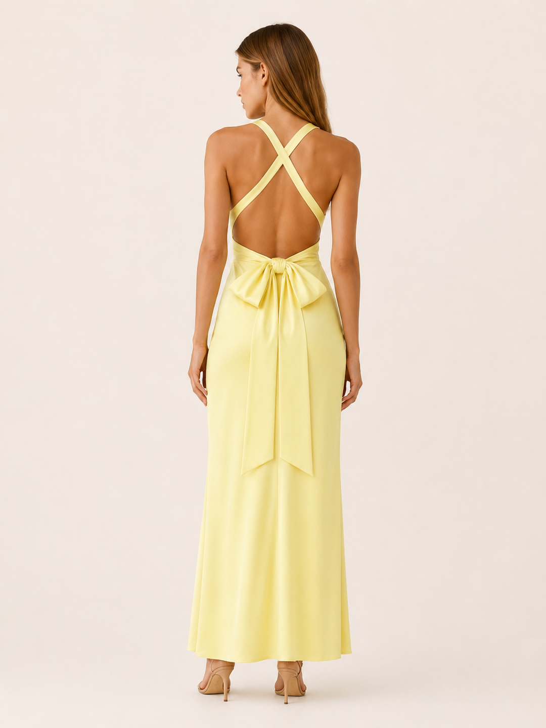 Yellow Halter Maxi Dress with V Neck and Tie Back – back view