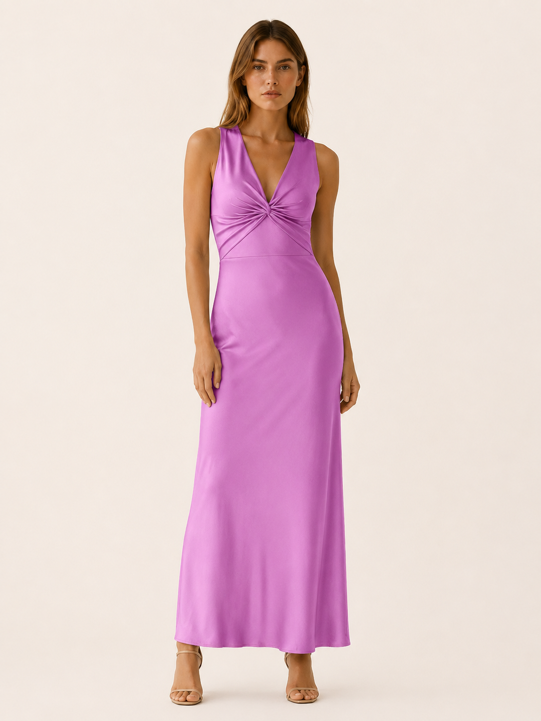 Yellow Halter Maxi Dress with V Neck and Tie Back – angled view