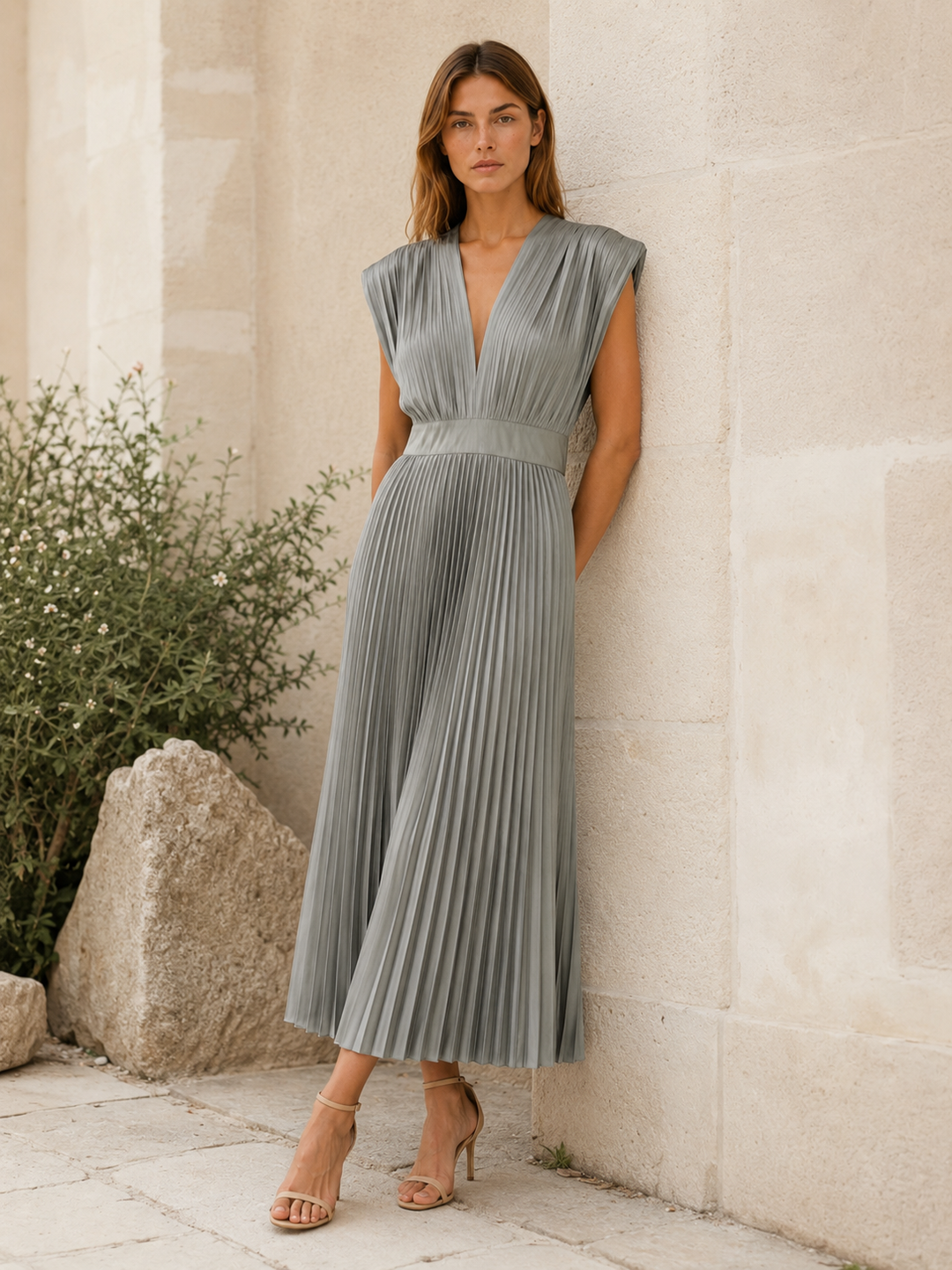 Champagne Pleated Midi Dress with V Neck – close-up