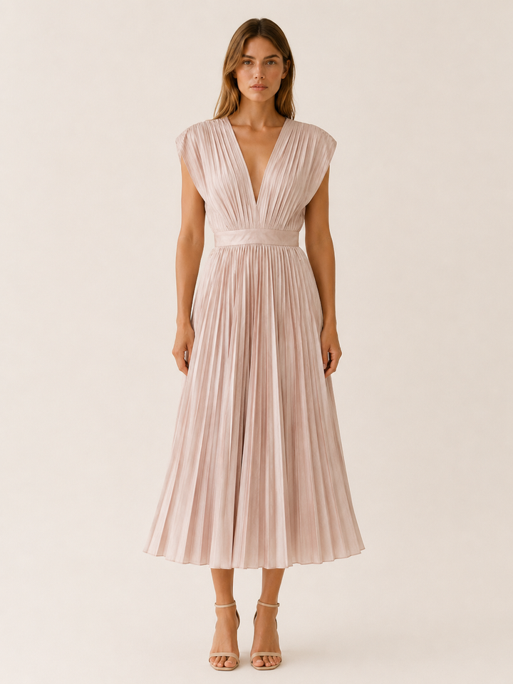 Pink Red Pleated Midi Dress with V Neck – lifestyle