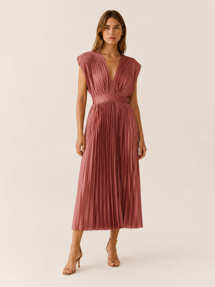 Olive Pleated Midi Dress with V Neck – full length view