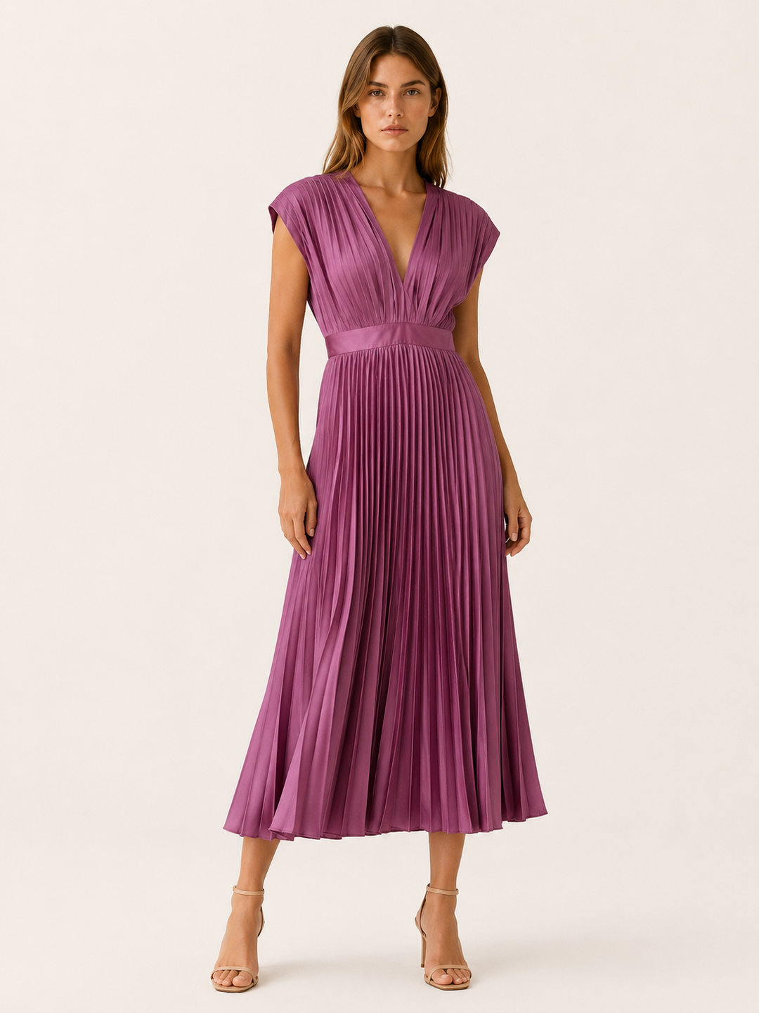 Pink Red Pleated Midi Dress with V Neck – model view