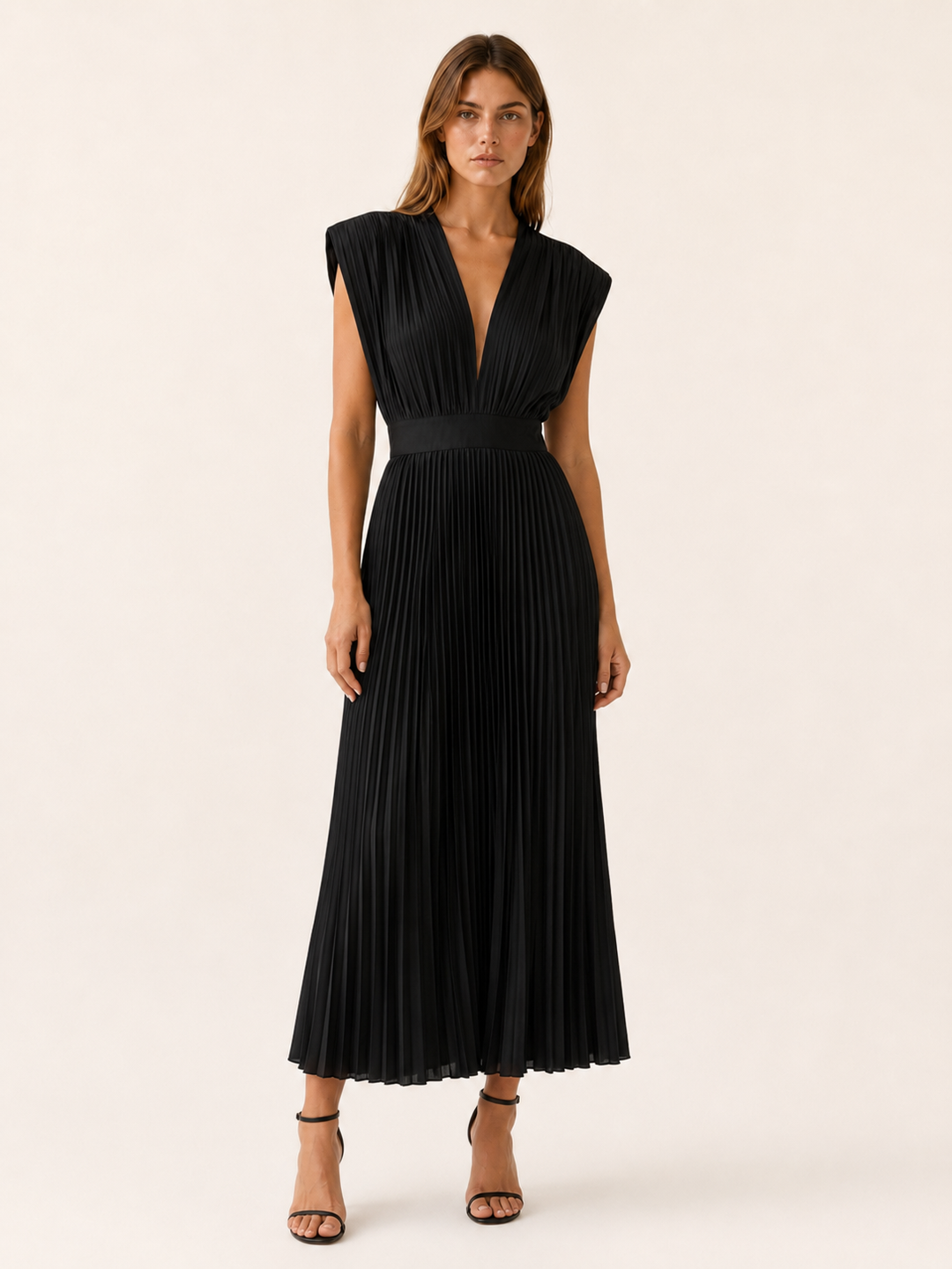 Champagne Pleated Midi Dress with V Neck – angled view